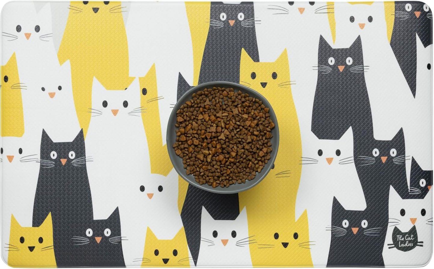 Cats Feeding Mat - Waterproof Dishwasher Safe Small Pet Eating Placemat - Cat Dog Food Mats for Food and Water Bowl - Protect Floors from Mess - Black & Yellow Cats