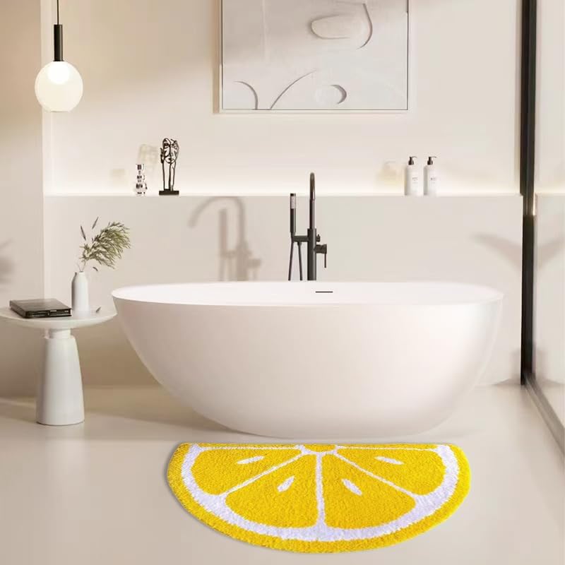 Thick Lemon Bath Rug Cute Fruits Half Round Shaped Bedroom Bathroom Doorway Kitchen Floor Rug Carpet Water Absorption Non-Slip mat for Bathroom (Yellow, 50x80CM)