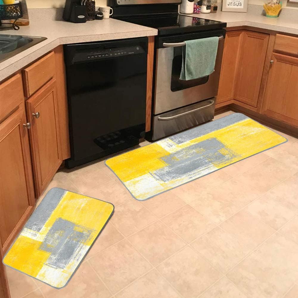 TOMWISH Kitchen Rugs and Mats Non Skid Washable Yellow Kitchen Rug Grey and Yellow Abstract Art Painting Kitchen Rugs Sets 2 Piece Floor Mats for Home Kitchen 17"X48"+17"X24"