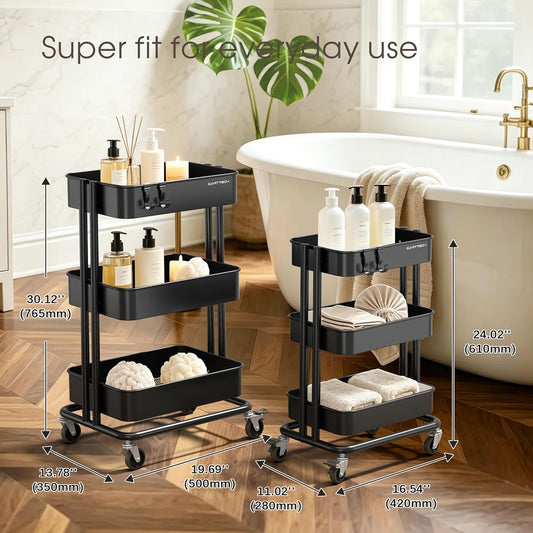 3 Tier Rolling Cart Metal Heavy Duty Utility Cart with Silent Caster Lockable Wheel Multi-Functional Organization Carts Storage Trolley with Mesh Shelves for Office Kitchen Living Room Yellow