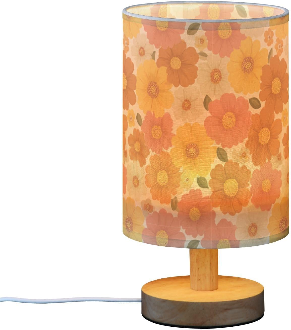 Bedside Table Lamp Retro Groovy Floral Yellow (9) Kids Nightstand Lamp Night Light Fabric Shade for Bedroom Living Room Home