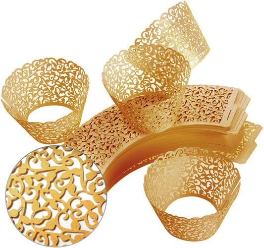 100Pcs Cupcake Wrappers Artistic Bake Cake Paper Filigree Little Vine Lace Laser Cut Liner Baking Cup Wraps Muffin CaseTrays for Wedding Party Birthday Decoration (Gold Yellow)