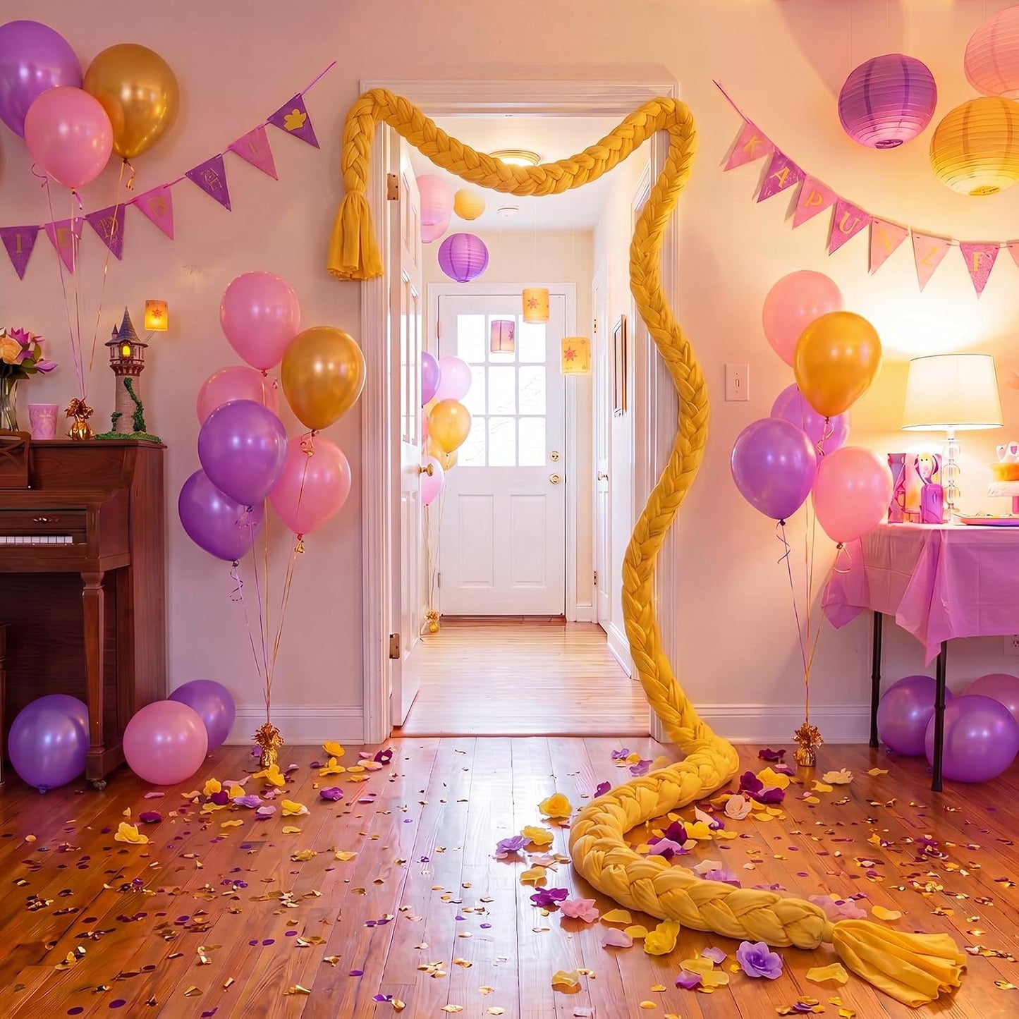 Purple Princess Party Decorations Long Hair Photo Props 9.8 ft Imitate Long Hair Milk Silk Braid Table Runner Gold Braided Table Runner for Purple Princess Birthday Baby Shower Anniversary