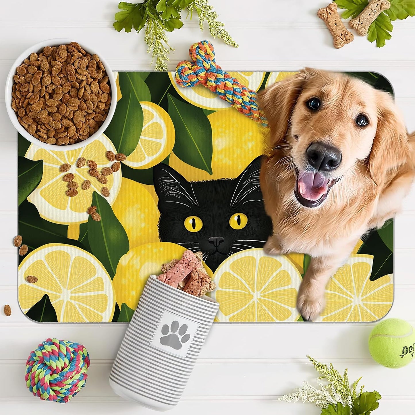 Black Cat Funny Dog Food Mat for Floors,Lemon Absorbent Pet Food and Water Bowl Mats,Non-Slip Pet Feeding Mat,Pet Supplies 16" x 24"
