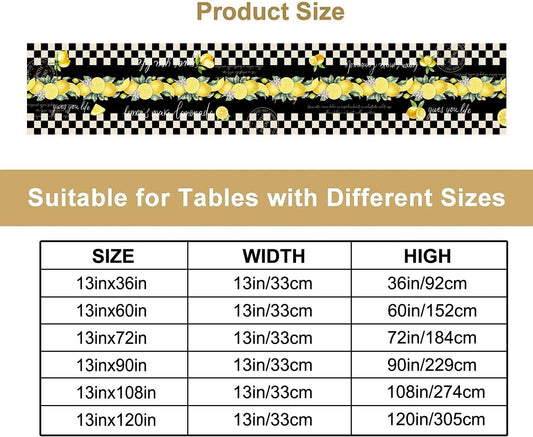 Lemon Table Runner,Italian Vintage Style Black and White Checkered Table Decor with Yellow Lemons and Blossoms – Rustic Kitchen Dining Tabletop Decoration 13x36 Inch