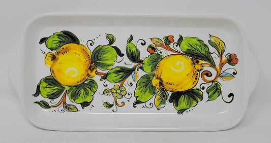 Nova Deruta Serving Appetizer Tray Plate, Handles, Large Lemons w/Blossoms, Leaves, Made in Italy, Italian Exclusively Handcrafted Earthenware for Sur La Table, Biscuit, Butter Platter 11" x 5.25"