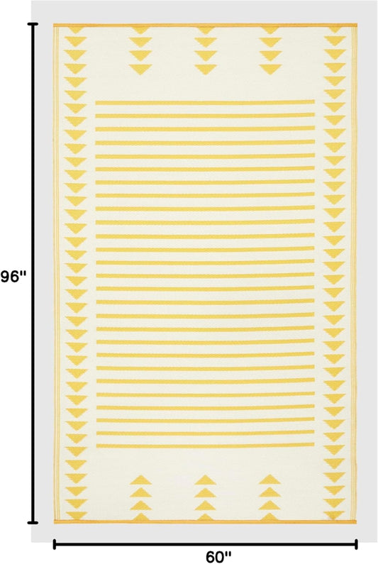Outdoor Rug - Waterproof, Fade Resistant, Crease-Free - Premium Recycled Plastic - Geometric - Patio, Porch, Deck, Balcony - Hampton Stripe - Yellow Crease Free - 5 x 8 ft