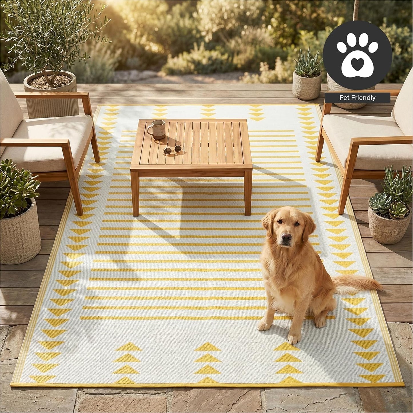 Outdoor Rug - Waterproof, Fade Resistant, Crease-Free - Premium Recycled Plastic - Geometric - Patio, Porch, Deck, Balcony - Hampton Stripe - Yellow Crease Free - 5 x 8 ft