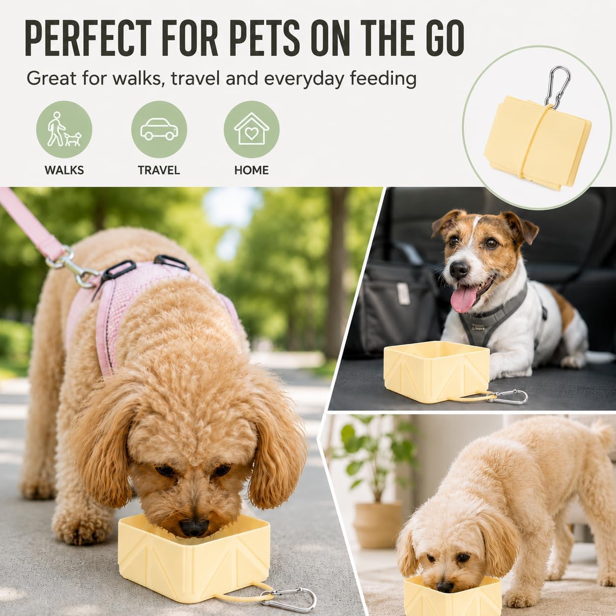 Portable Collapsible Silicone Dog Bowl, 500ml Foldable Pet Travel Bowl with Carabiner Clip, Leakproof Food & Water Dish for Dogs Cats, Lightweight Reusable Pet Bowl for Walking, Camping, Travel-Yellow
