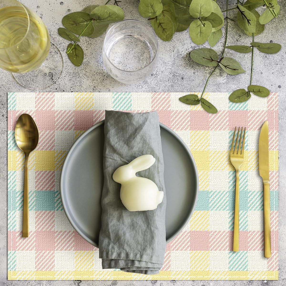 Buffalo Plaid Blue Pink Yellow Spring Easter Placemats Set of 4, 12x18 Inch Table Mat Easter Placemat Decor for Holiday Party Kitchen Dining Room Decoration