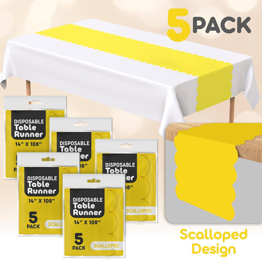 Yellow Plastic Disposable Table Runner. 5 Pack 14 x 108 inch. Scallop Table Runner Adds A Pop of Color to Your Party Table