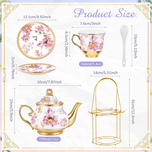 20 Pcs Porcelain Tea Set with Metal Holder and Spoon Adult Ceramic Tea Set European Flower Painting Teapot Cup Saucer Spoon for Women Mom Gift, Large Version (Purple Style)