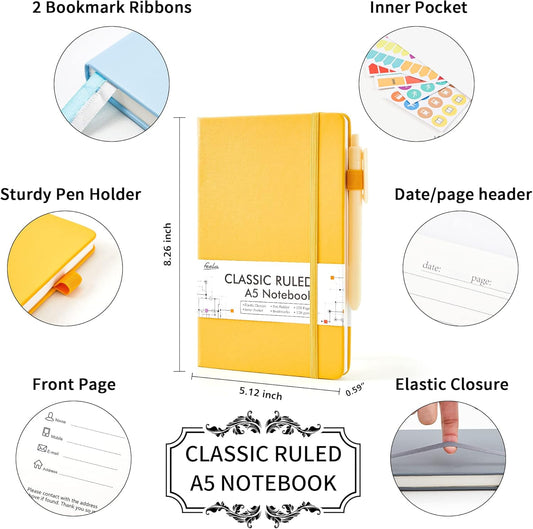Hardcover Notebook For Work, Classic Ruled Lined Journal Set School Business Supplies, with 3 Black Pens, 120 GSM, 5.1”x8.3”, 3 Pack, A5, Solid Colors, Gray, Yellow, Light Blue