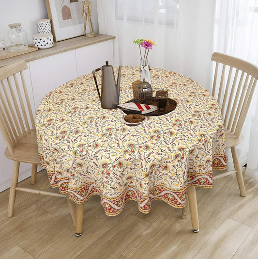 Hand Block Print Tablecloth Round 72 inch, 100% Cotton Red Yellow Floral Table Cloth for Kitchen Dining Linen, Weddings, Holiday Party, Restaurant, Spring/Summer/Fall Home Decor