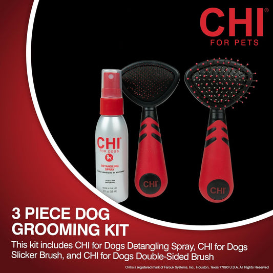 CHI for Dogs Small Dog Detangling Kit, 3-Piece Grooming Set with Detangling Spray, Slicker Brush, and Double-Sided Pin-and-Bristle Brush for Small Breeds with Tangles and Mats, Includes Zipper Pouch