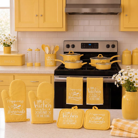 6 Pcs Kitchen Decor Accessories Set Farmhouse Towels Pot Holders Oven Mitts Set 2 Dish Towels 2 Potholders 2 Cooking Mittens Oven Glove for Christmas Baking Cooking Supply(Yellow,Kitchen)