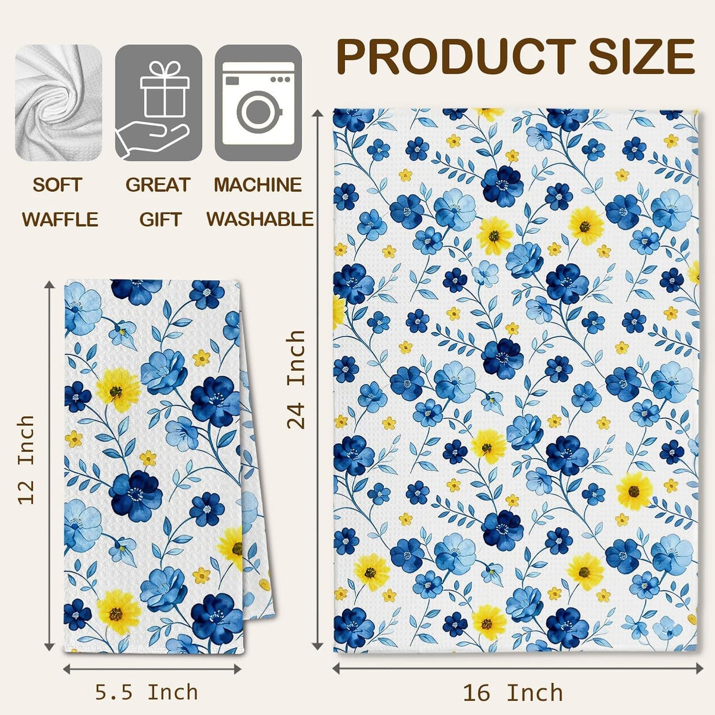 Blue and Yellow Lemon Floral Kitchen Towels, Italian Mediterranean Dish Towels Drying Cloth for Kitchen, Vibrant Flower Lemon Decorative Hand Towel for Bathroom, 16x24 Inch Set of 4