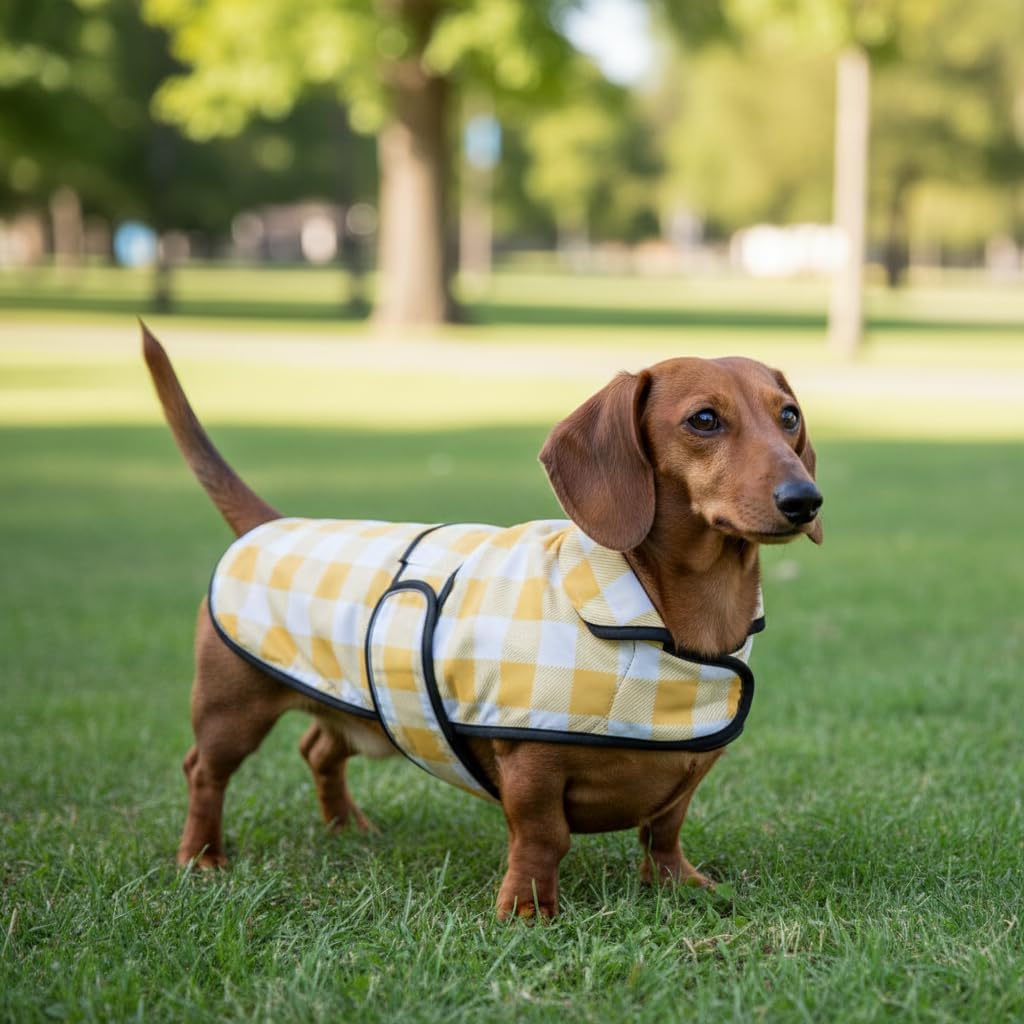 Dachshund Raincoat Corgi Raincoat Dogs Waterproof fit for Dachshunds Weiner Long Back Breeds with Reflective Stripe Great Coverage in Autumn Winter - Yellow Plaid - M