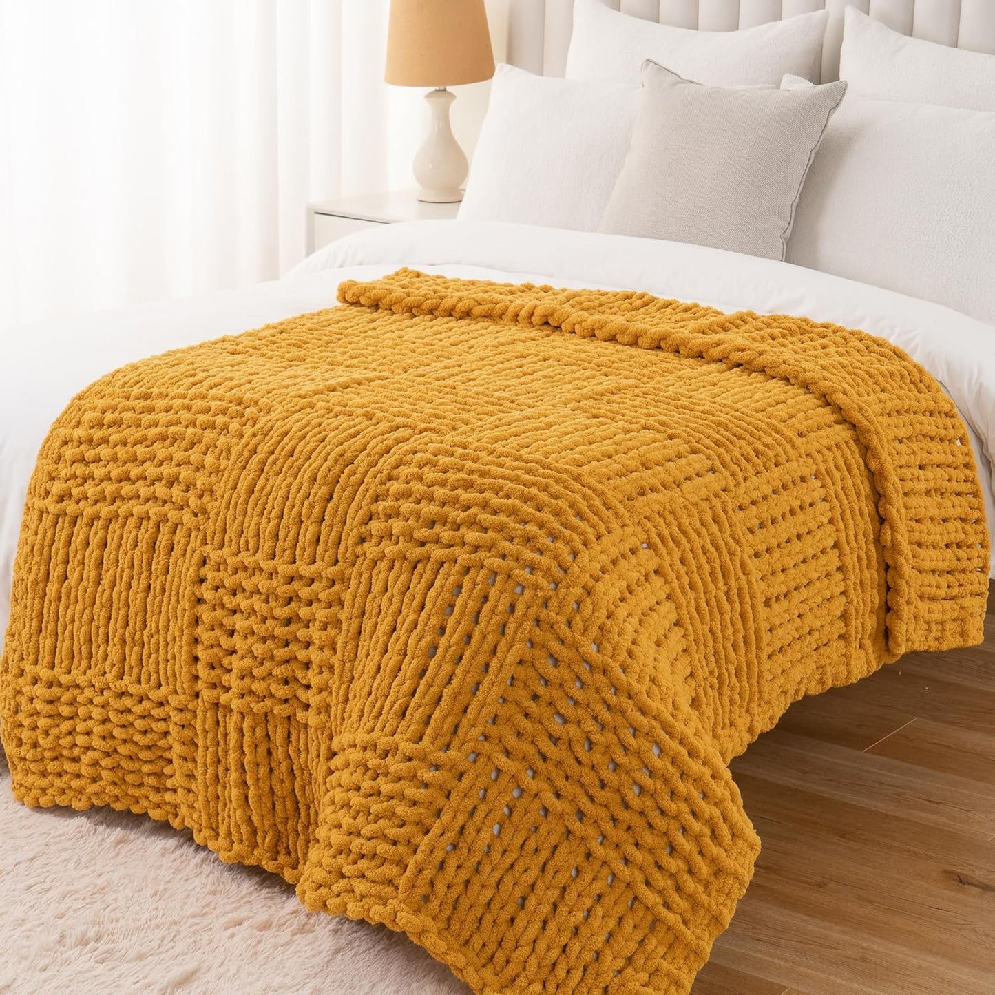 Mustard Yellow Throw Blanket for Couch, Chunky Knit Gold Blanket Throw with Chenille Yarn for Bed Living Room Home Decor, 50"x60"