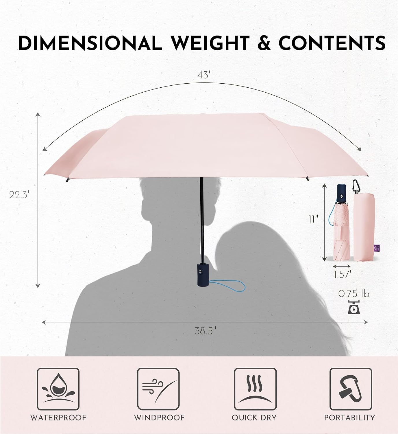 Windproof Travel Umbrella for Rain - 43" Compact Folding Umbrella, Reinforced Strong Frame, Lightweight Portable Parasol with UPF 100+ UV Sun Protection, Cruise Ship Essentials