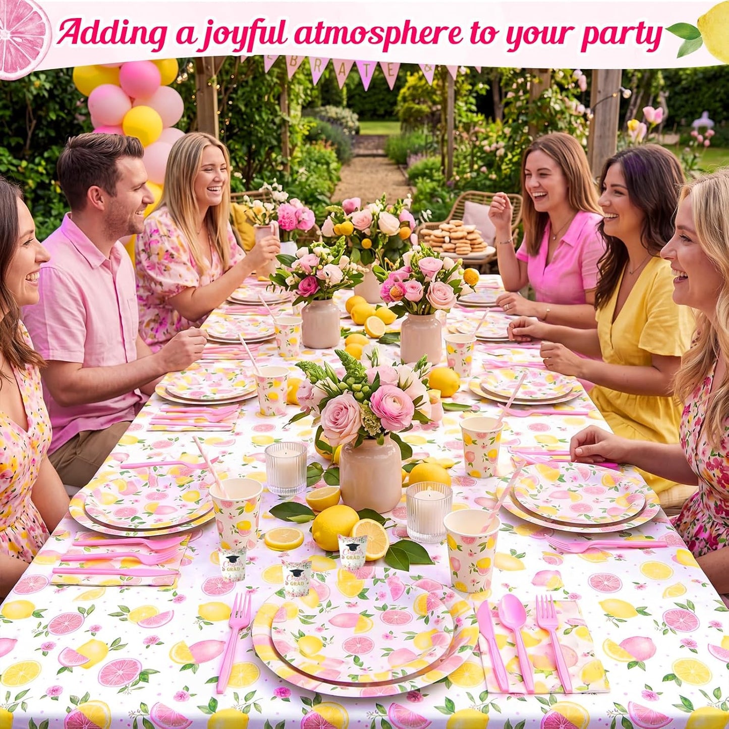 452 Pcs Pink Lemonade Party Decoration for 50, Pink and Yellow Lemon Paper Plate Napkin Cup Tablecloth Cutlery Straw Tableware Set for Summer Fruit Lemon Baby Shower Birthday Party Supplies