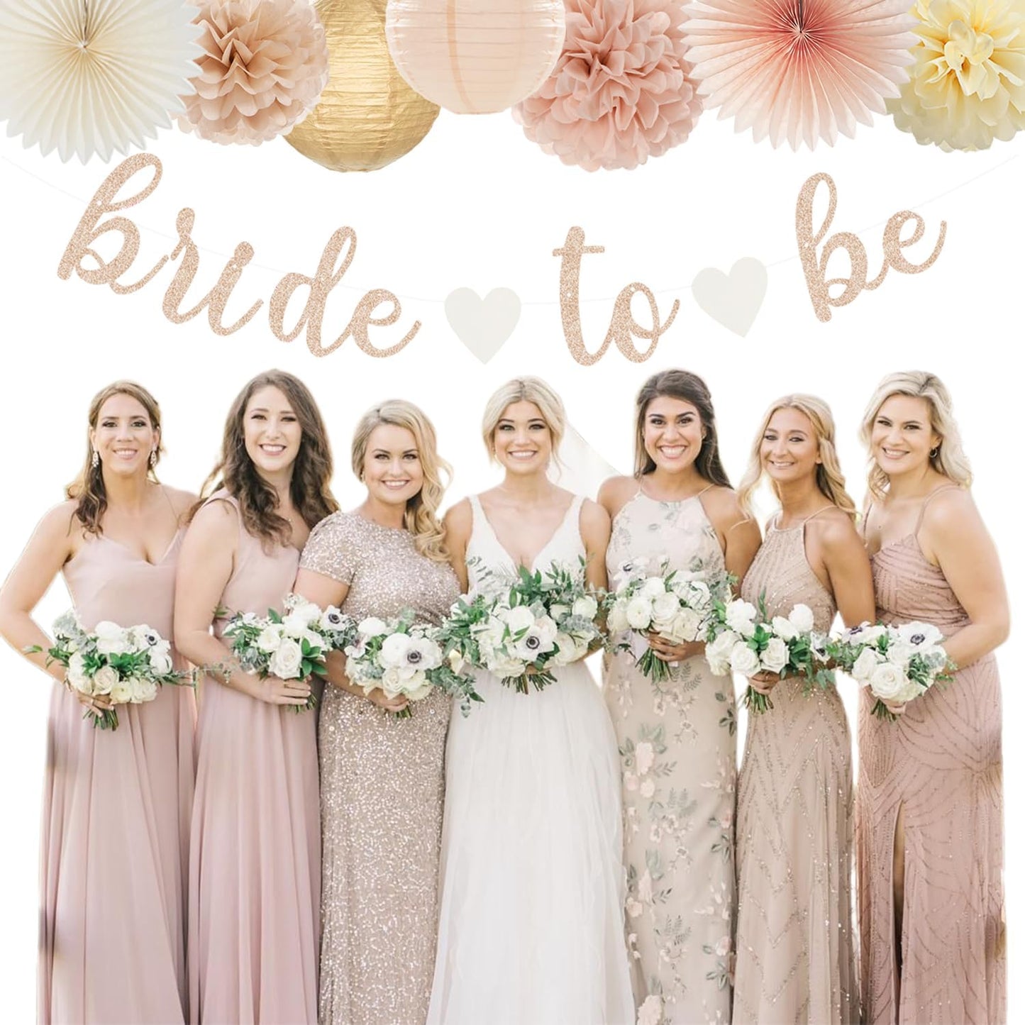Champagne-Gold Beige Fall Bridal-Shower Party-Decorations - 36pcs Bride To Be Banner,Bachelorette Paper Lanterns,Wedding Streamers Garland,Boho Peach Tissue Pom Poms Flower Fan Decor Supplies