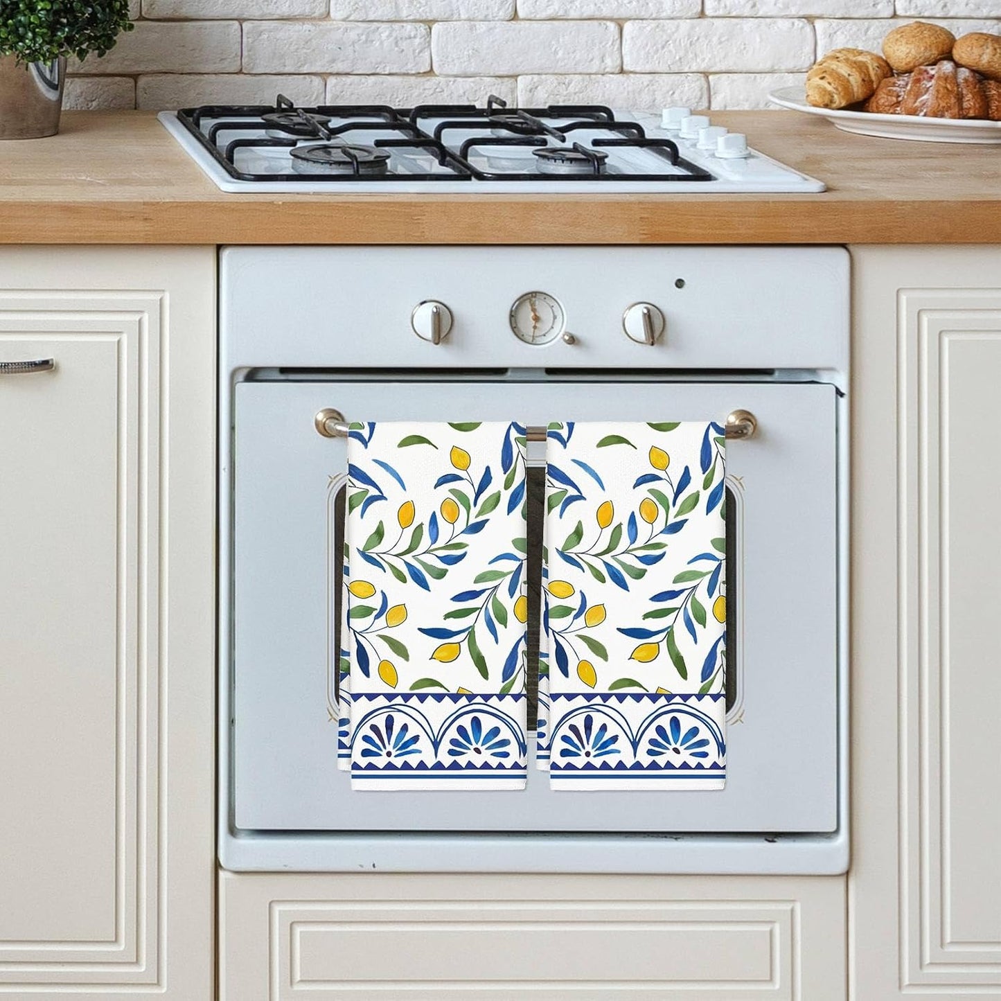 Lemon Kitchen Towel Yellow Lemon with Blue Leaves Dish Cloth 18 x 28 Inch Vintage Seasonal Hand Drying Tea Towel for Spring Summer Cooking Wiping Cleaning, 2Pcs