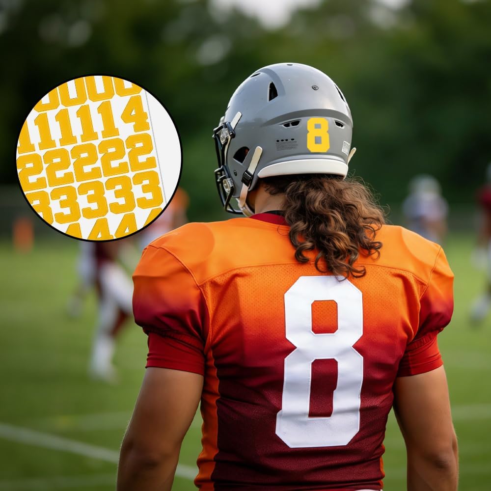 Sport Helmet Number Stickers, 153 PCS Yellow Self-Adhesive Numbers Decals Hockey Stickers, 1.26 Inches Number Sticker for Sports, Baseball, Hockey, Football, Lacrosse, Batting Helmets Decorations
