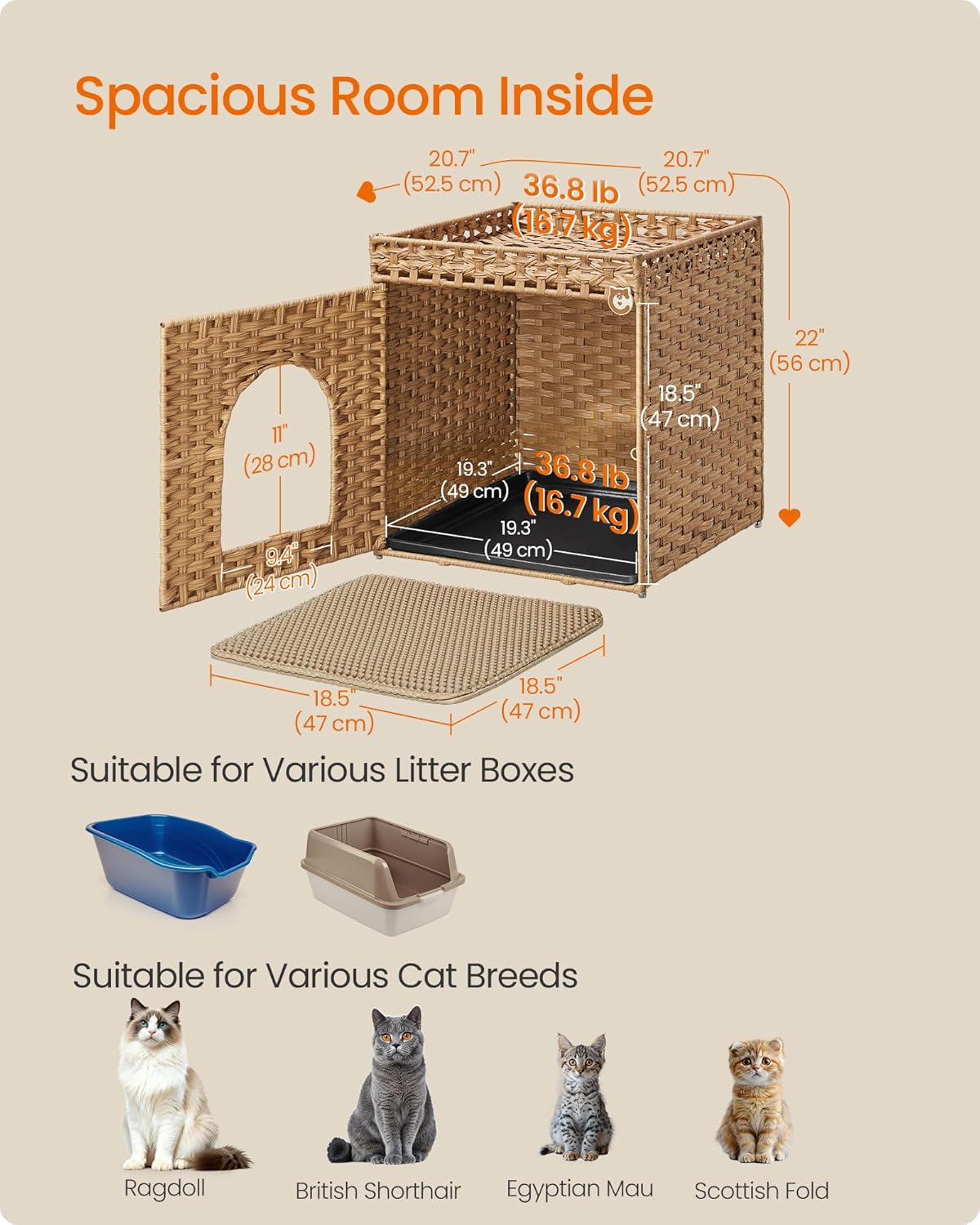 Feandrea Cat Litter Box Enclosure, Handwoven Rattan Hidden Furniture | Extra Mat, Removable Washable Tray, Boho Cat House, End Table, Goose Yellow UPCL024YE01