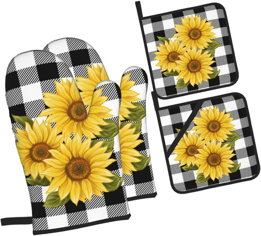 Sunflower Black White Buffalo Plaid Oven Mitts and Pot Holders Sets of 4 High Heat Resistant Yellow Floral Lumberjack Check Oven Mitts with Oven Gloves and Hot Pads Non-Slip Potholders for Kitchen BBQ