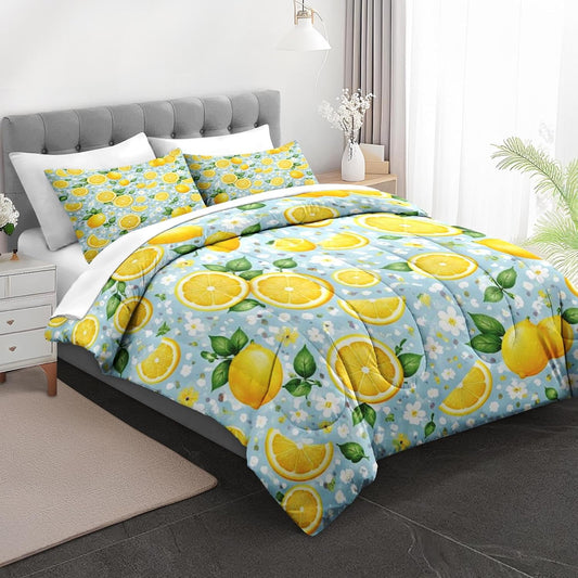 5 Pcs Comforter Set Twin Size, Lemon Summer Floral Bedding for Kids and Adults, Yellow Blue Bed Sheet Sets with Fitted Sheet Pillowcase & Sham for Bedroom Bed Decor