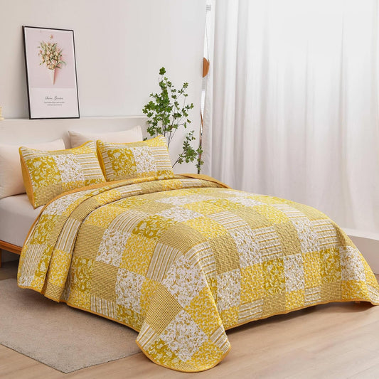 Yellow Boho Quilt Set Queen Size,3 Pieces Plaid Floral Bedspread Coverlet Set Summer,Patchwork Reversible Bedding Set Queen 90"x96"