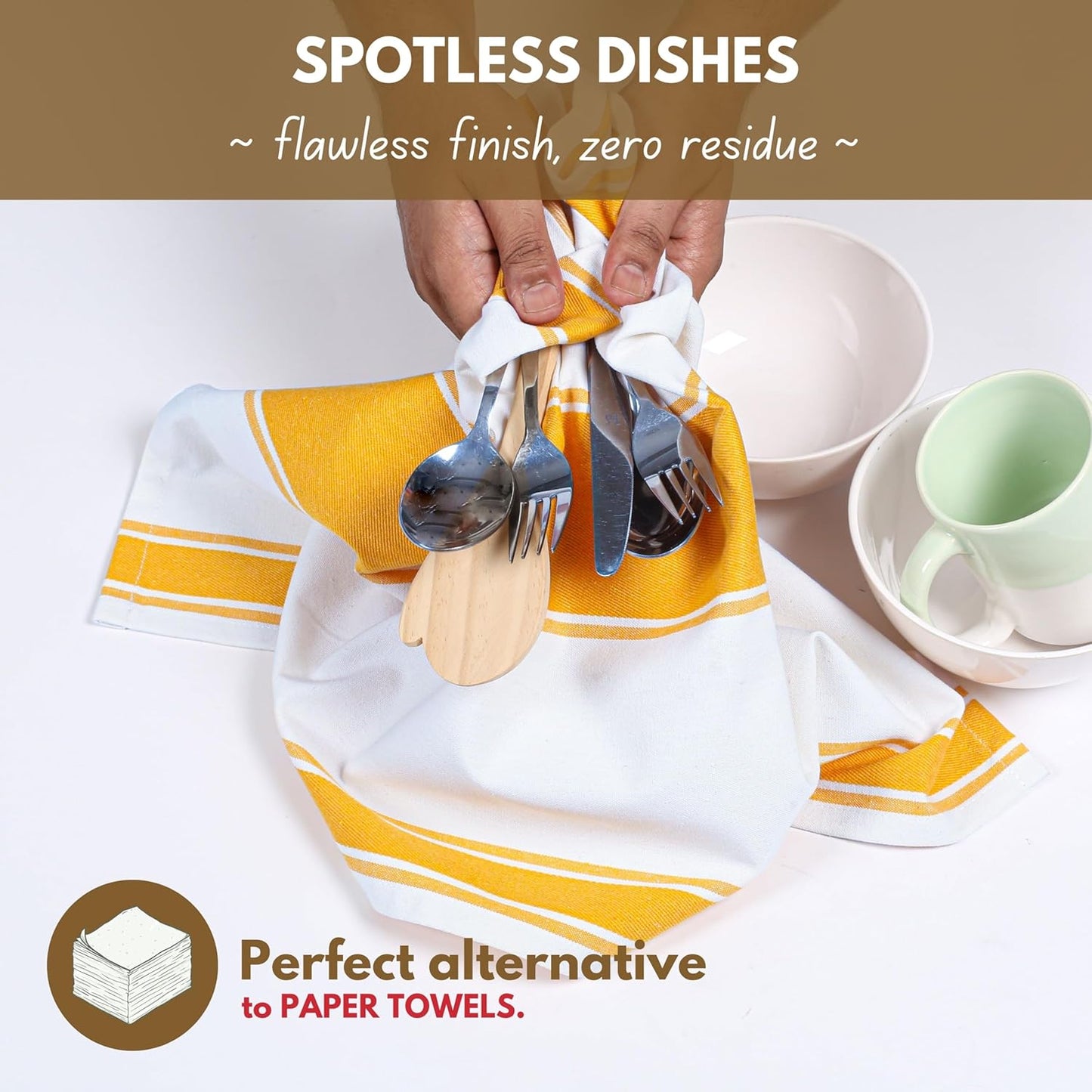 Yellow Striped Dish Towels 18"x28", 12 Pack, Wide Stripe, Highly Absorbent, Fast Dry, 100% Cotton Hand Towels for Drying Dishes, Glassware, Dishcloth Set, Kitchen Cleaning Towel - Yellow