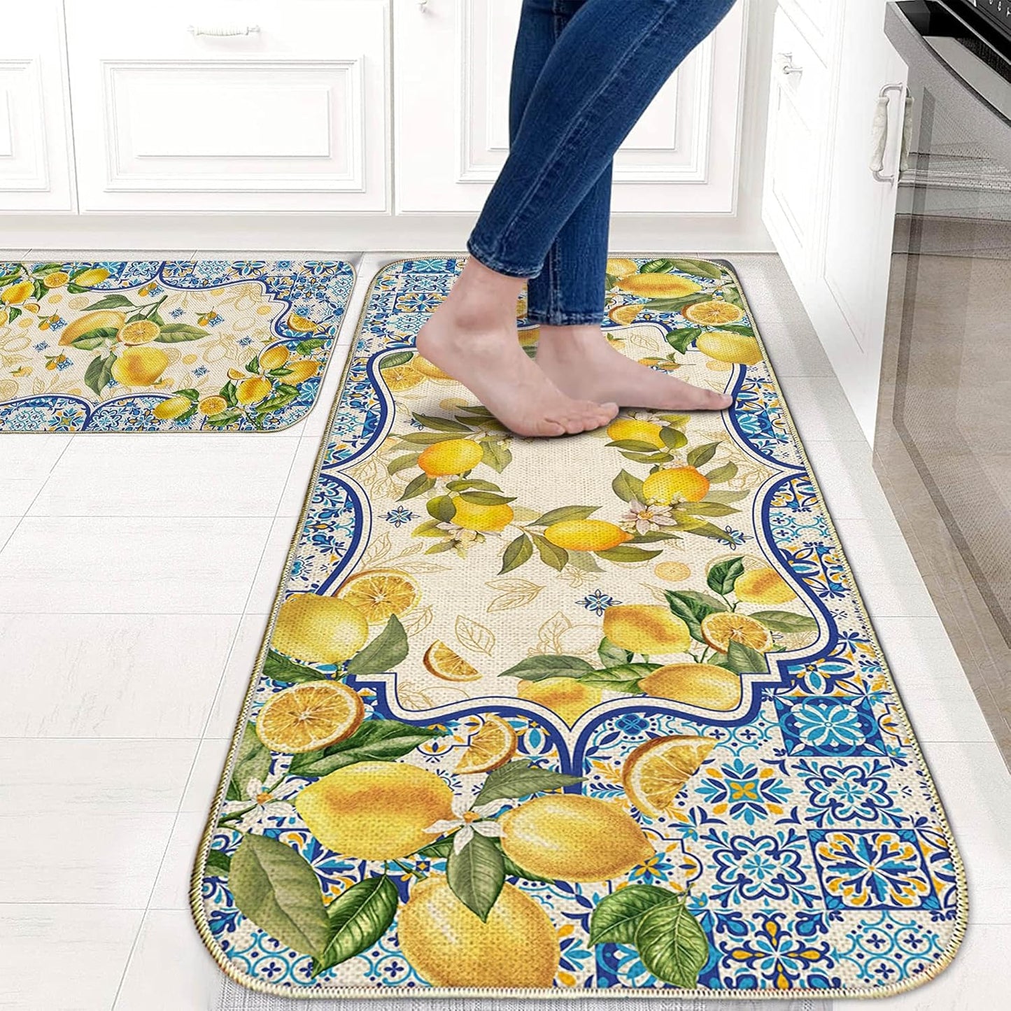 Lemon Kitchen Mat Yellow and Blue Mediterranean Kitchen Rug Summer Decor Tile Flower Pattern Kitchen Mats for Floor Non Skid Washable Set of 2, Decorative Kitchen Decor 17x29 and 17x47 Inch