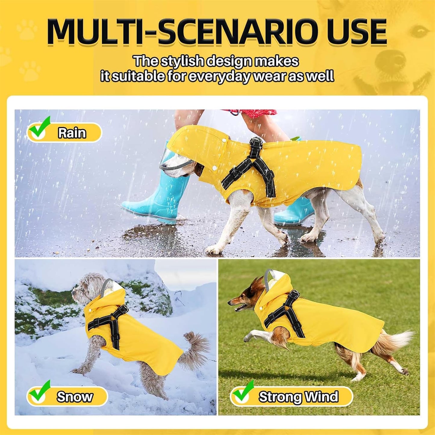 Dog Raincoat Waterproof, with Harness Built in & Hood, Yellow, L | Lightweight Dog Rain Jacket with Harness & Hood, Waterproof Reflective, for Large Medium Small Dogs