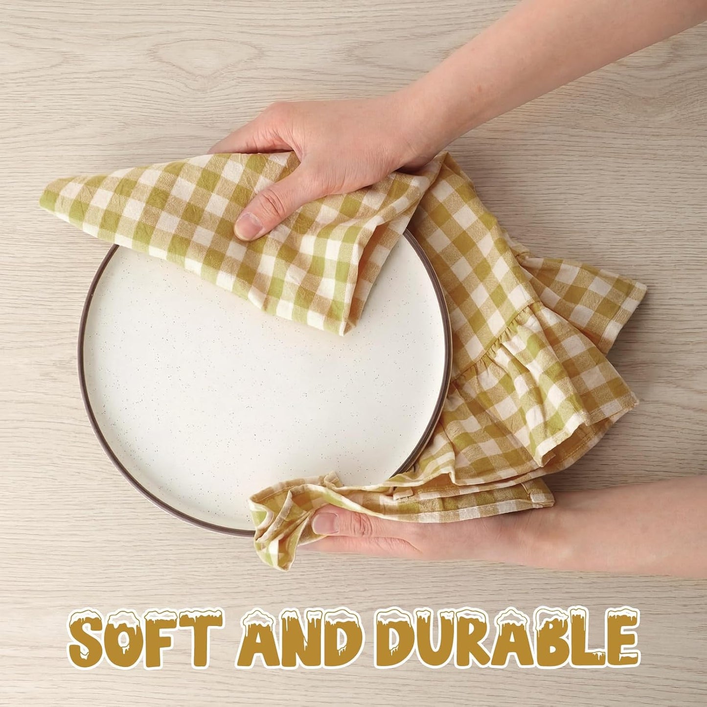 Yellow Kitchen Towels Set of 2, 100% Cotton Ruffled Gingham Dish Towels 18"x28" Tea Cloths Classic Plaid Pattern for Farmhouse Charm, Drying Dishes, Entertaining Guests