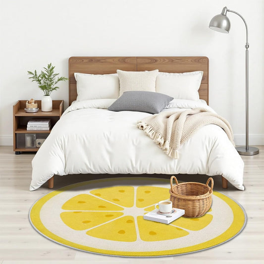 Fruit Round Rug 2ft Lemon Circle Rugs, Yellow Fruit Small Area Rug for Kids Room, Soft Non-Slip Round Carpet for Entryway Nursery Playroom Classroom