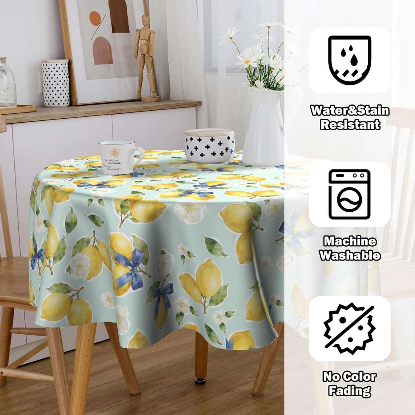 Lemon Tablecloth 60 inch Round Table Cloth Flower Table Cloths Spring Summer Tablecloths for Kitchen Dining Decorations Holiday