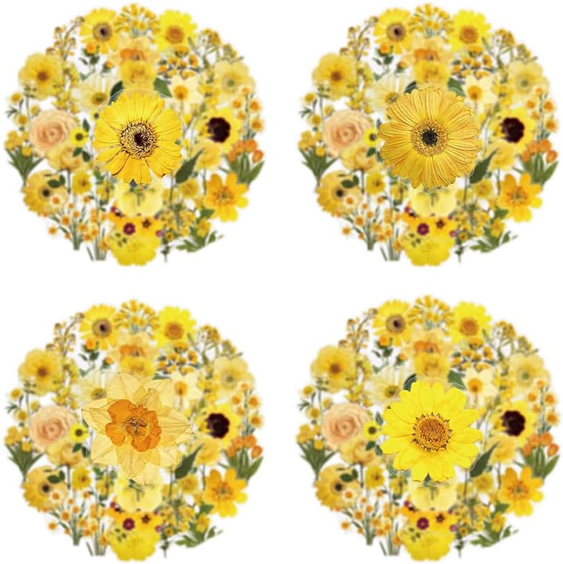 Pressed Flower Stickers 50-Pack, Transparent Yellow Waterproof Decals for Phone Case, Laptop, Water Bottle, Journal, Luggage - Aesthetic Dried Flower Vinyl Stickers for DIY & Scrapbooking