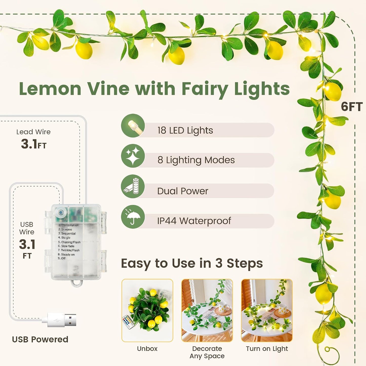 Lemon Vine Fairy Lights, 18 LED USB & Battery Powered with Remote | 6FT Lighted Lemon Garland With 8 Modes, Timer And Memory For Kitchen, Mantel, Window, Porch, Table And Summer Party Decor