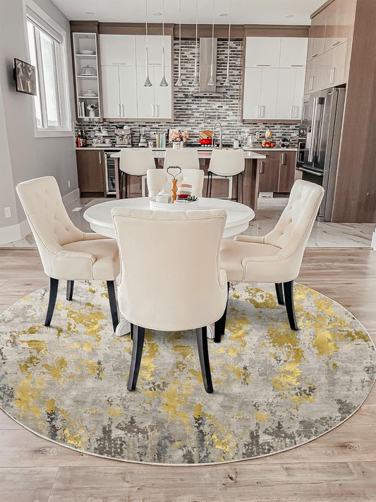 Round Rug 4ft Abstract Round Area Rug Non-Slip Indoor Carpet for Living Room Bedroom Entryway, Stain Resistant Home Decor Circle Rug, Grey/Mustard