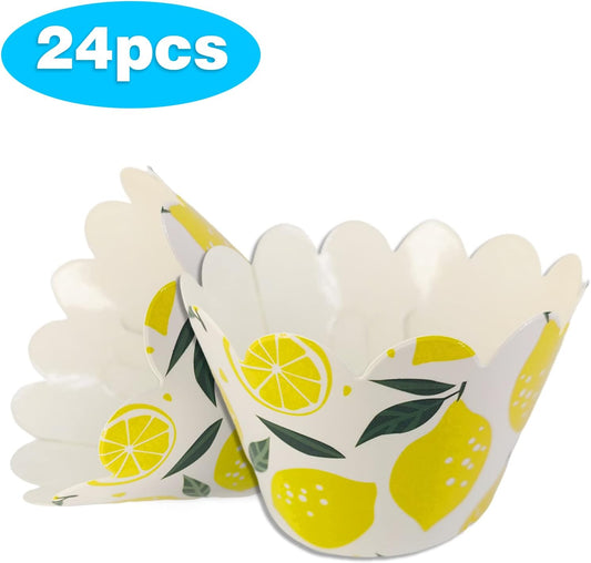 24pcs Fresh Fruit Lemon Cupcake Wrappers Pick for Citrus Lemonade Theme Decor Supplies Baby Shower Boys Girls Happy Birthday Party Baking Wrapping Decorations