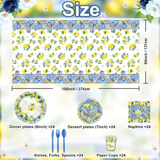 169 Pcs Capri Lemon Party Decorations Amalfi Coast Lemon Party Supplies Serve 24 Summer Mediterranean Tableware Set Lemon Plates Napkins Tablecloth for Birthday Bridal Shower