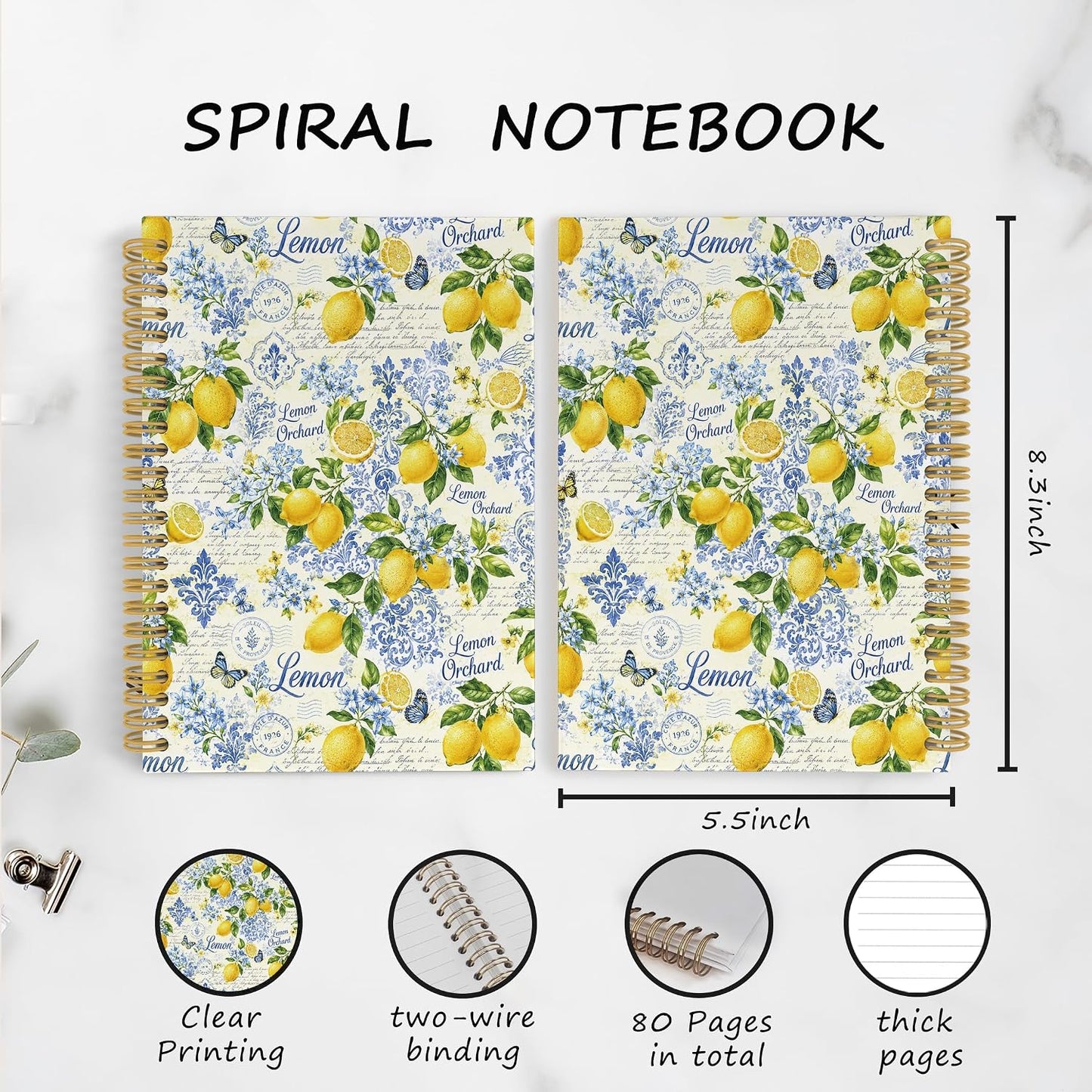 YLZlhb Italian Amalfi Coast Lemon Spiral Notebook Journal, Blue Mediterranean Notebooks for Note Taking, Lemon Gifts for Women, Retro Summer Fruits Floral Hardcover Spiral Journal 5.5x8.3 Inches