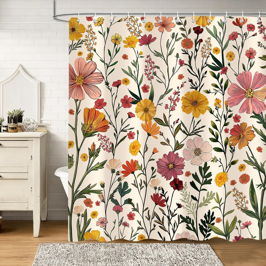Boho Vintage Floral Shower Curtain, Wildflower Flower Beige Botanical Plant Leaf Cute Yellow Shower Curtain for Bathroom Decor Retro Farmhouse Country with Hooks 72x72 Inch