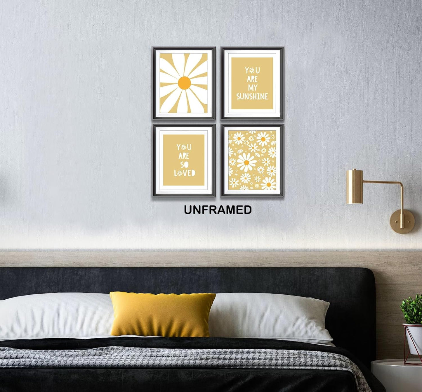 Boho Yellow Daisy Flower Decor Art Print, You Are My Sunshine Poster for Baby Girls Room Nursery, Bohemian Wall Art, Spring Aesthetic Floral Wall Art, 4pcs