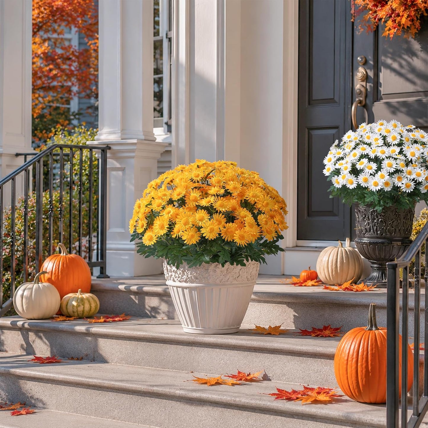 Artificial Fall Faux Mums Flowers Outdoor Plants for Decoration, 6 Bundles Fake Silk Yellow Gerbera Daisy Flowers UV Resistant Look Real for Planter Outside Front Door Porch Patio Balcony