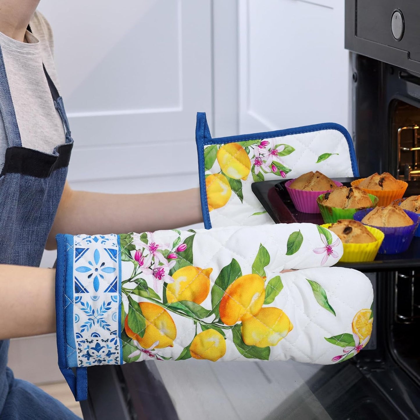 Summer Lemon Oven Mitts and Pot Holders Sets 4Pcs, 100% Cotton Heat Resistant, Extra Long Oven Gloves Potholder for Kitchen Cooking Baking Decoration, Housewarming Gifts for Mom