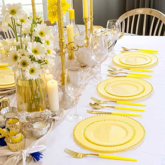 102Pcs Gold Plastic Silverware, Gold Disposable Utensils with Yellow Handle, Yellow Plastic Silverware Heavy Duty Include 34 Forks, 34 Knives and 34 Spoons Perfect for Party, Mother's Day