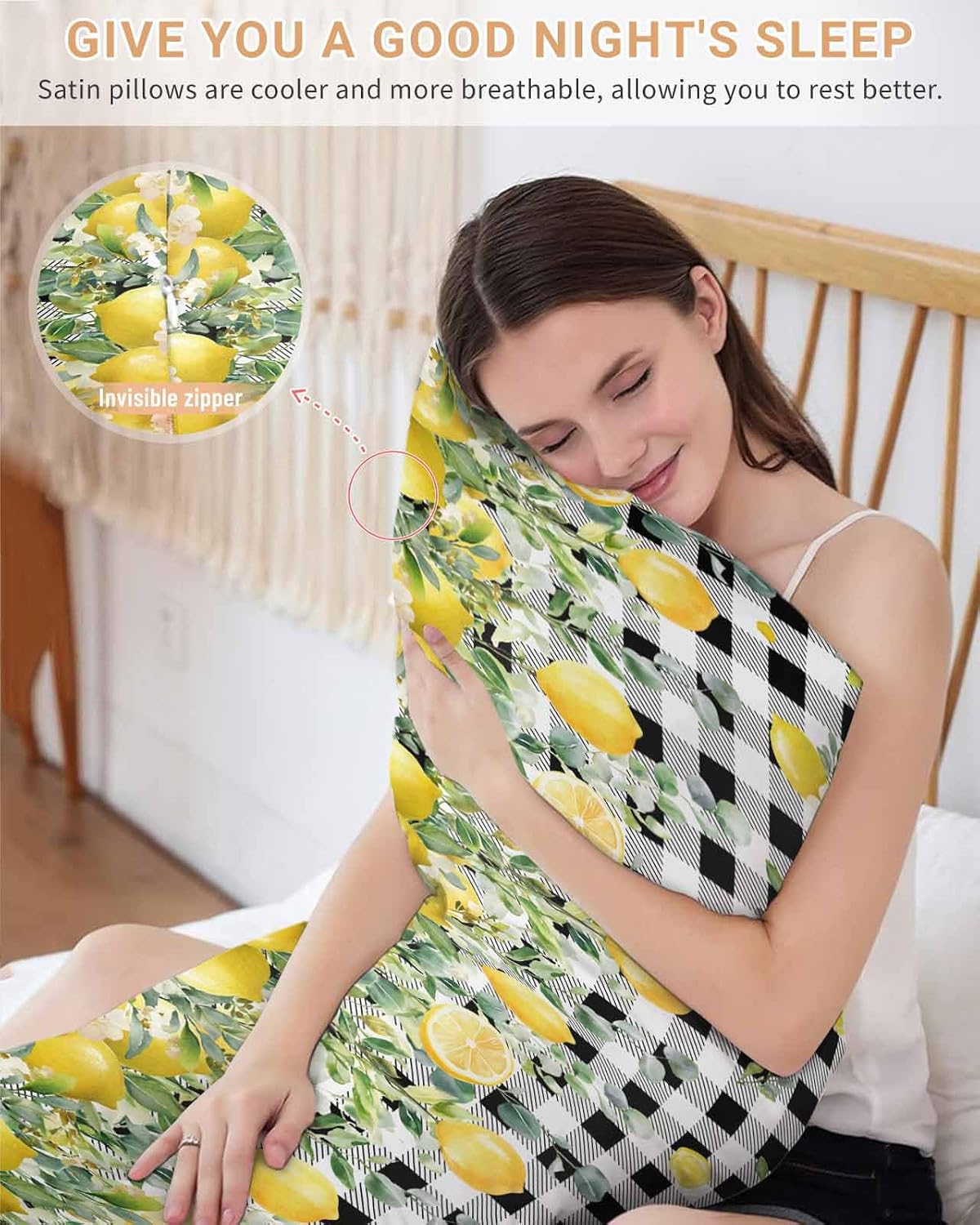 Farmhouse Satin Pillowcase for Hair and Skin King Yellow Lemon Eucalyptus Leaf Watercolor Plant Black Plaid Pillow Cases 2 Pack with Zipper, Soft Cooling Similar to Silk Pillow Covers, 20x54 Inch
